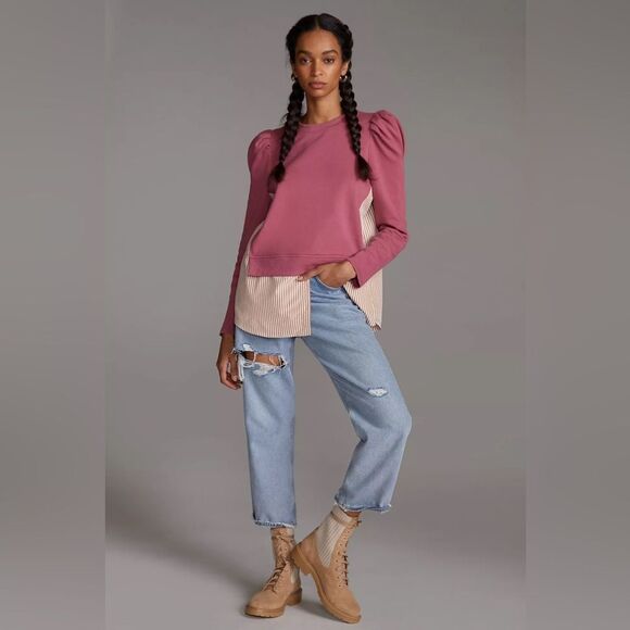 Anthropologie Maeve Puff Sleeve Twofer Layered Tunic Sweatshirt Pink Combo Sz S - Picture 5 of 12